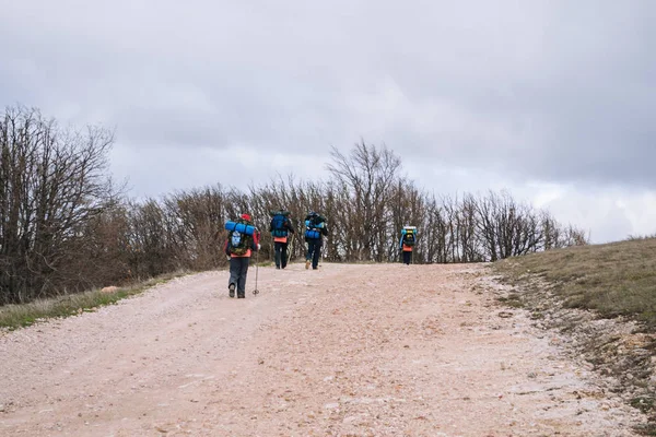 Hikers group trekking in Crimea, Ukraine mountains