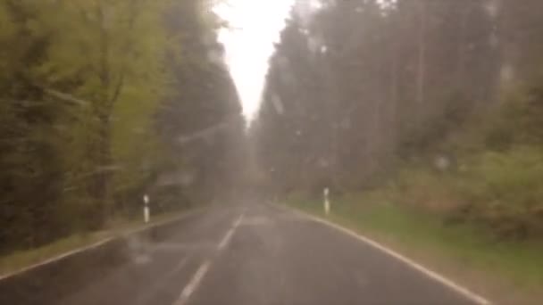 Ruchu Drogi Przez Las Drzew Dzień Pochmurny Trochę Śniegu Widok — Wideo stockowe