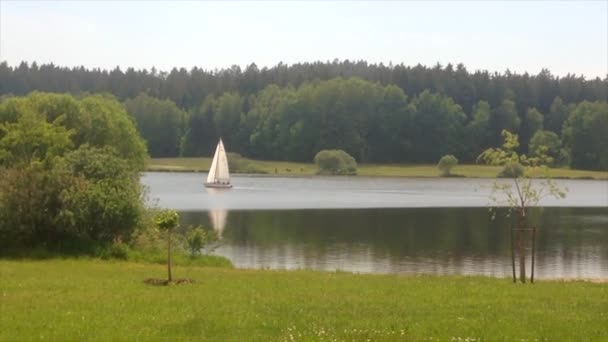 Paisaje Hermosa Vista Del Lago Cielo Velero Navega Largo Del — Vídeos de Stock