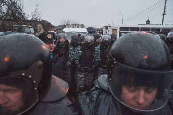 Ukraine, Kiev, January  12, 2014: Demonstration near the house of the President of Ukraine Viktor Yanukovich. EuroMaidan & AutoMaidan
