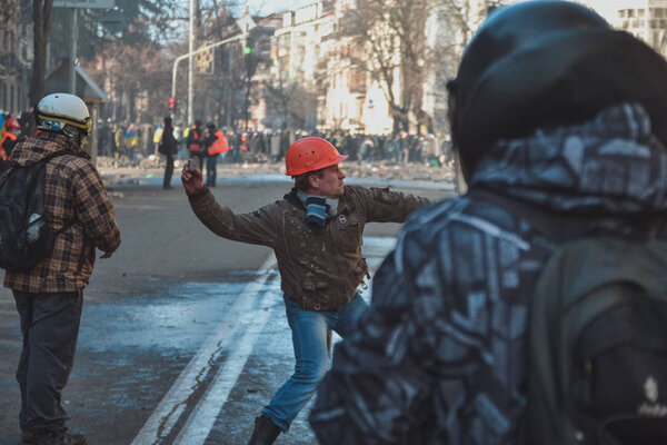 Ukraine, Kiev, February 18-20, 2014: Berkut shot people on Institutskaya street during EuroMaidan