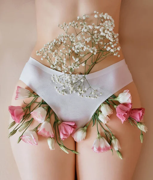 Flowers Poke Out White Cotton Underpants Rosebuds Pink White Roses — Stock Photo, Image