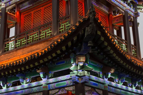 Detail Beautiful Illuminated Traditional Chinese Temple City Walls Evening China — Stock Photo, Image