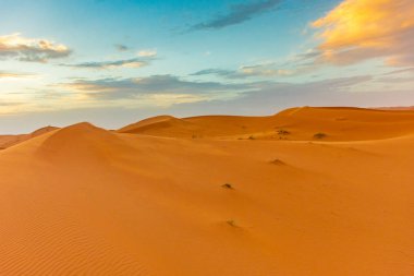 Alacakaranlıkta Sahra Çölü 'nün kumullarının güzel manzarası, Merzouga, Fas