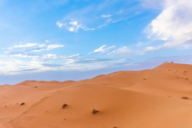 Alacakaranlıkta Sahra Çölü 'nün kumullarının güzel manzarası, Merzouga, Fas