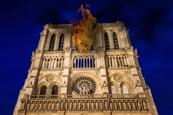 Fire Notre Dame Cathedral Burning Representation — Stock Photo, Image