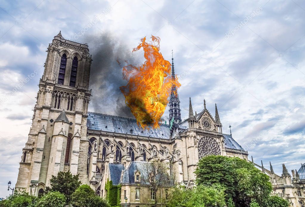 Fire at Notre Dame Cathedral burning, representation