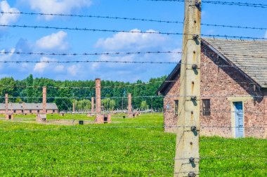 Auschwitz, Polonya, 16 Temmuz 2018: Birkenau Kampı'nın kablolu çitleri