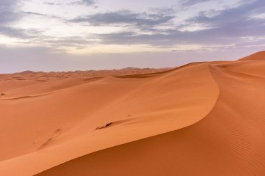 Alacakaranlıkta Sahra Çölü 'nün kumullarının güzel manzarası, Merzouga, Fas
