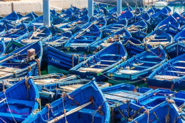 Essaouira, Fas limanındaki tipik mavi botlar.