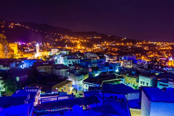 Cityscape of Chefchaouen by night, Morocco