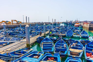 Essaouira, Fas limanında geleneksel mavi botlar.