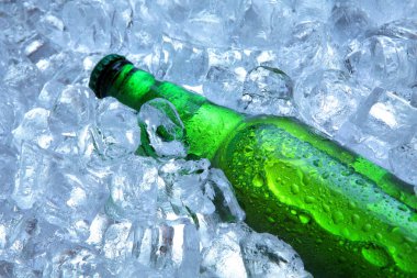 Şişe bira buz küpleri. Closeup.Green şişe. Sıcak yaz taze içeceği. Kopya alanı