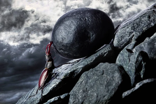 Sisyphus metaphore. Silhouette of businessman pushing heavy stone boulder up on hill.