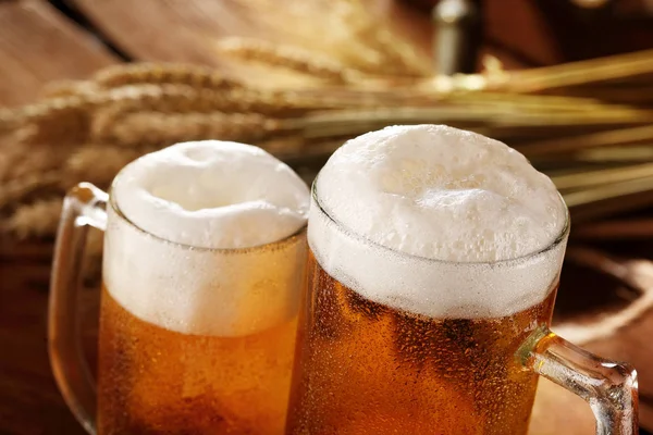 杯のビール Bakcground の小麦と大麦とバレルのスパイク クローズ アップの選択と集中 — ストック写真