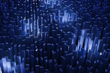 Soyut. Ahşap plakalar dikey sabit. Megapolis veya kristal konsept gece. Mavi