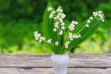 Vazo ahşap masada duran bahar çiçekleri. Vadinin bahar çiçeği zambağı. Vadideki Zambak.