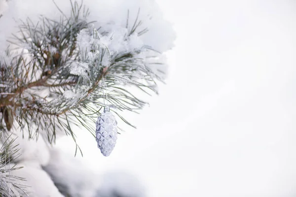 雪の森の中の雪とクリスマスツリーの枝に装飾的なおもちゃの銀のバンプ 冬の休日の背景 — ストック写真