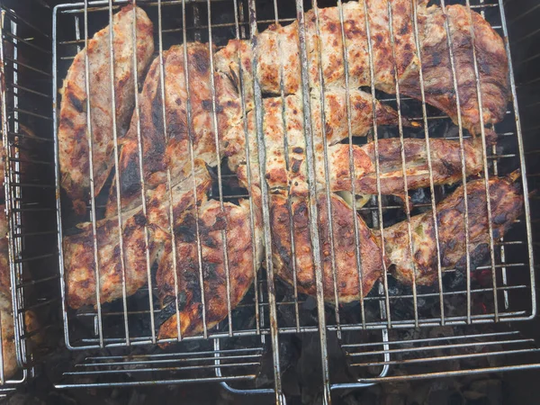 Tasty Shish Kebab Chicken Golden Toasted Crisp Cooked Charcoal Smoke — Stock Photo, Image