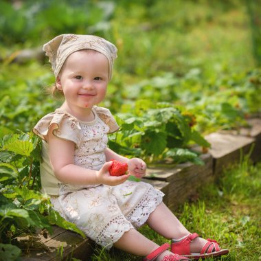 Küçük kız olgun, sulu bir çilek yer. Çilekli yeşil bir bahçenin yanında oturur. Güneş ışığıyla aydınlatılır..