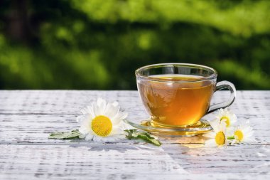 Yeşil çay. Çayı iyileştiriyorum. Çerçevelerden çay. Bir fincan papatya çayı, yakın plan, güneş ışığıyla aydınlatılmış, beyaz ahşap bir masada..