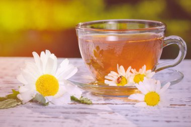 Bir fincan güzel kokulu papatya çayı, akşam güneşinin altında. Yeşil çay. Çayı iyileştiriyorum. Çerçevelerden çay.