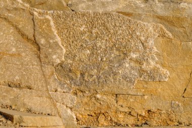 Kayanın yüzeyinde sert kabuklu kaya dokusu var. İç mekanlar için tasarımcı arka planı. Sarı bir dokunun taş yüzeyi. Yakın plan..