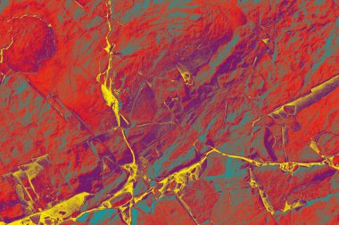 İç mekan için soyut kompozisyon. Grunge kırmızı mavi ve sarı mavi taş bir duvara boyanmış. Parlak modern arkaplan.