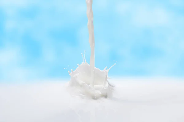 Mleko Przelewa Mleko Błękitne Niebo Mrożona Chwila Mlecznej Plusy Mleczne — Zdjęcie stockowe