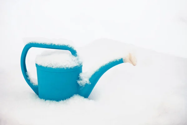 Watering can in the Snow. Watering can in a snowy garden close up.Blue Watering can on white snow in winter, Concept of Frosty Day.
