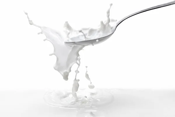 Mléko Stříkající Lžíci Mlékem Bílém Pozadí Zmrazený Moment Fotografii Spreje — Stock fotografie