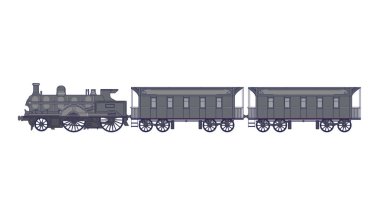 Beyaz bir arka plan üzerinde vagonlar ile lokomotif Buhar. Retro tren ile binek otomobilleri