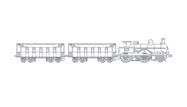 Beyaz arka plan üzerinde vagonlar ile konturlu retro tren. Arabalar kontur illüstrasyon ile lokomotif Buhar