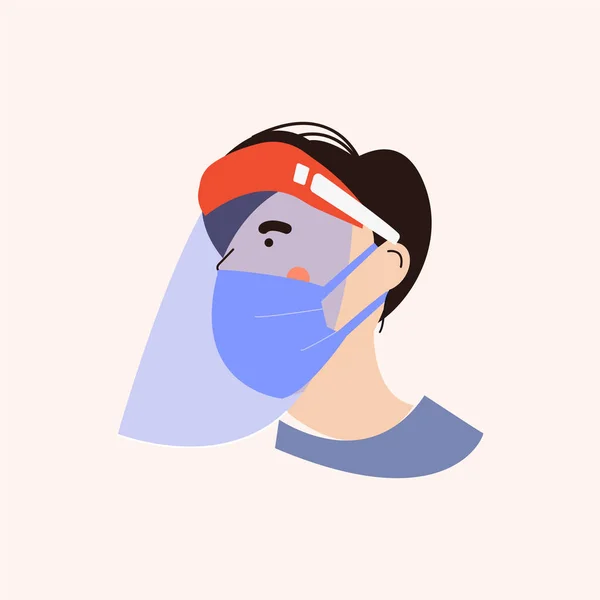 人間の頭の上に透明保護マスク 職場のウイルスから人が保護されています 呼吸器およびビジョン保護イラスト — ストックベクタ