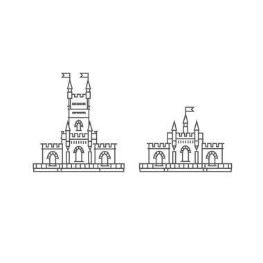 Beyaz bir arka plana kurulmuş bir kale. Kale taslağı çizimi. Bayrak vektörlü tarihi kale