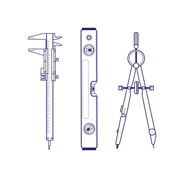 A set of construction engineering tools. Tools for drawing and building houses on a white background. Drawing and measuring devices