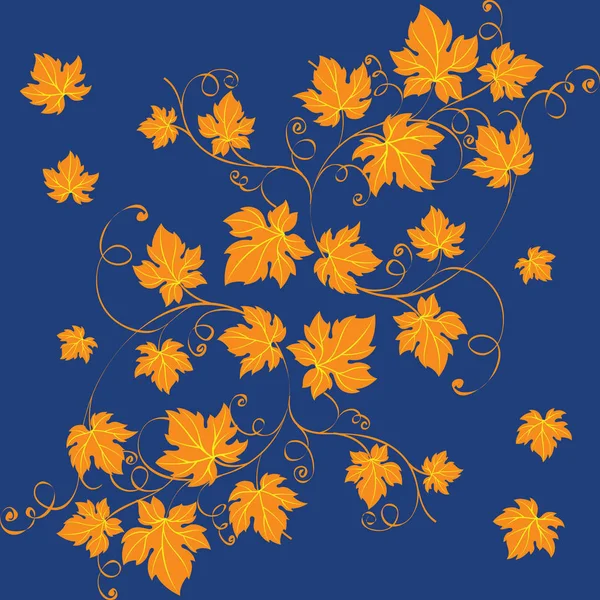 Elegantes Hojas Uva Naranja Ricamente Decoradas Sobre Fondo Azul Ilustración — Vector de stock