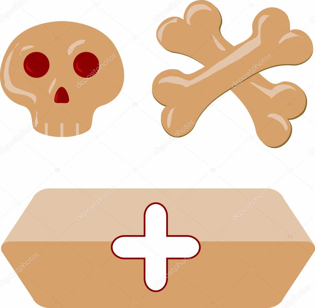 Isolated funny cartoon skull cross-bones hearse bier coffin. Vector illustration