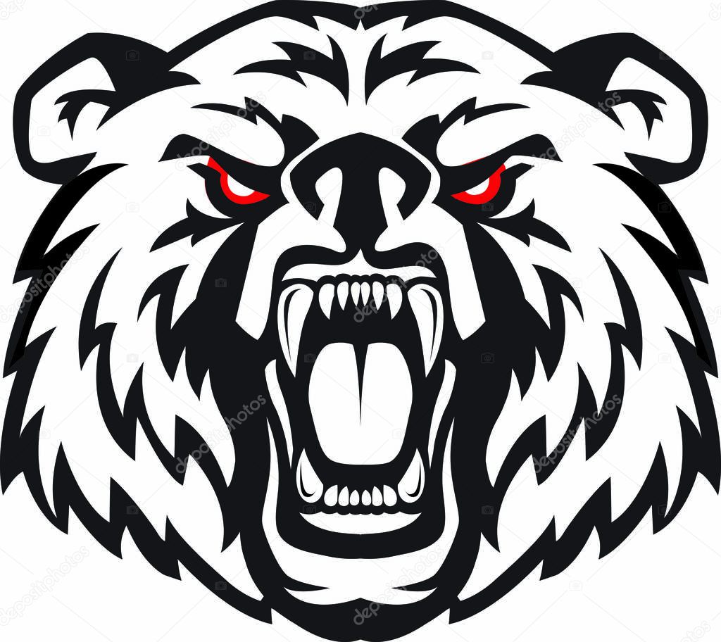 Vector illustration of furious angry face of terrible bear with open mouth and terrible teeth. Great for use as logo element, icon, as a tattoo or as symbol of strength and aggressiveness