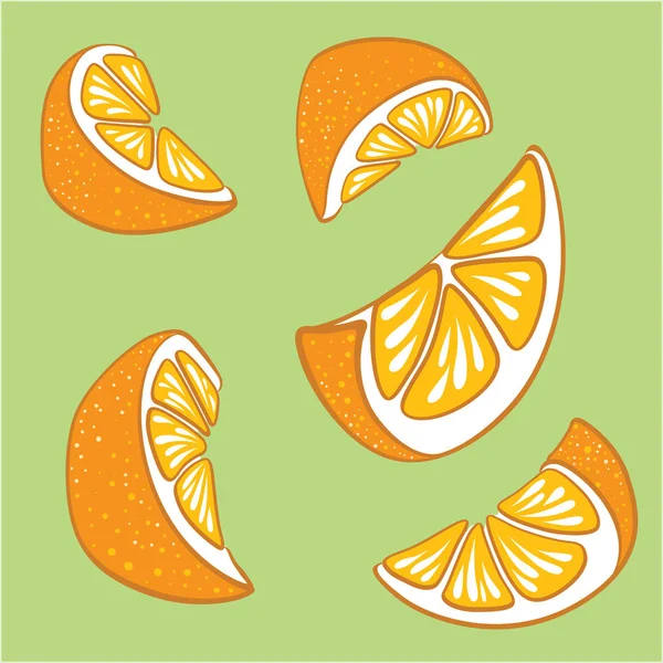 Heldere Vector Set Segmenten Segmenten Van Sappige Sinaasappelen Geïsoleerd Groene — Stockvector