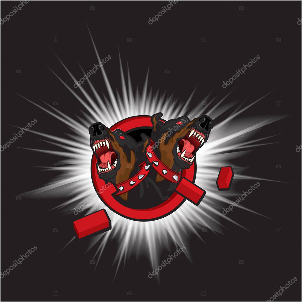 Breaking taboos. Tattoo style image of two aggressive dobermans braking prohibition sign. Vector illustration.