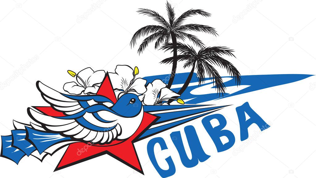 Freedom and liberty symbol - blue cuban bird, red star, flowers, sea and palms. Icon logo with inscription Viva Cuba. Vector illustration