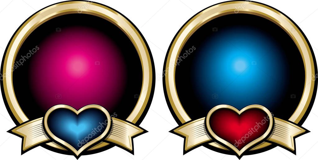 Gold shiny blue and pink badges with red and blue hearts on ribbons. Vector decorative elements