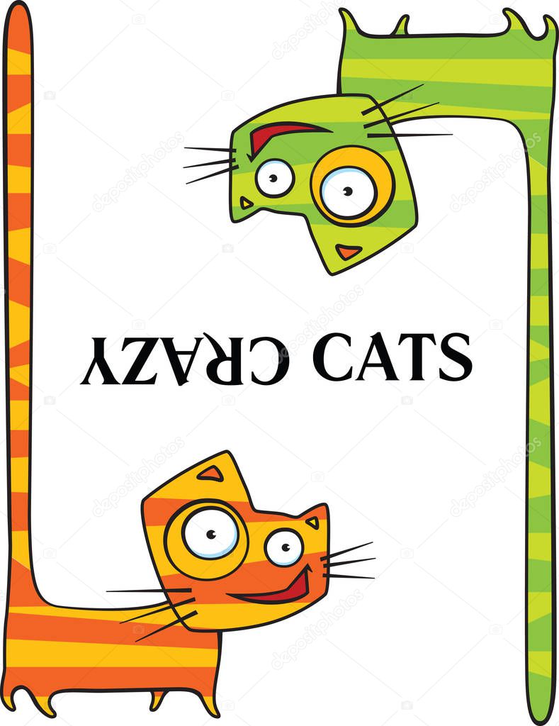 Two cartoon crazy cats with long tails in air. Vector illustration