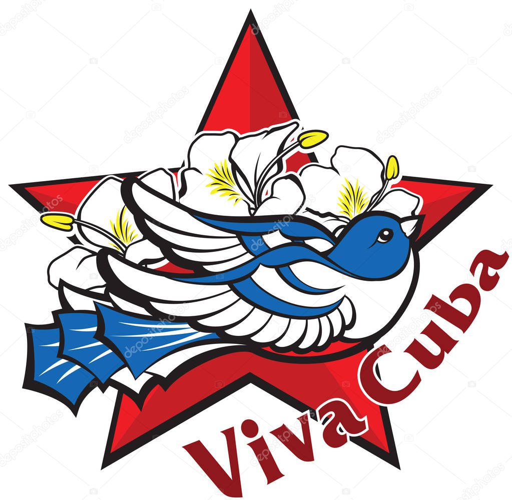 Freedom and liberty symbol - blue cuban bird, red star, flowers. Icon logo with inscription Viva Cuba. Vector illustration