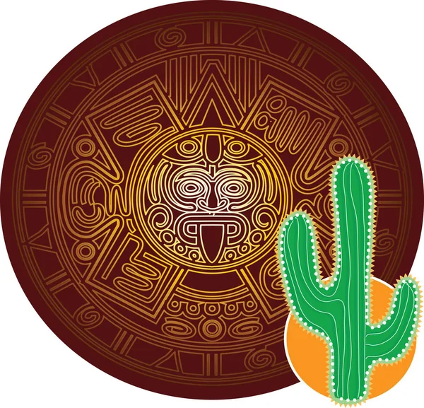 Cactus on background of stylized image of ancient Mayan calendar — Stock Vector