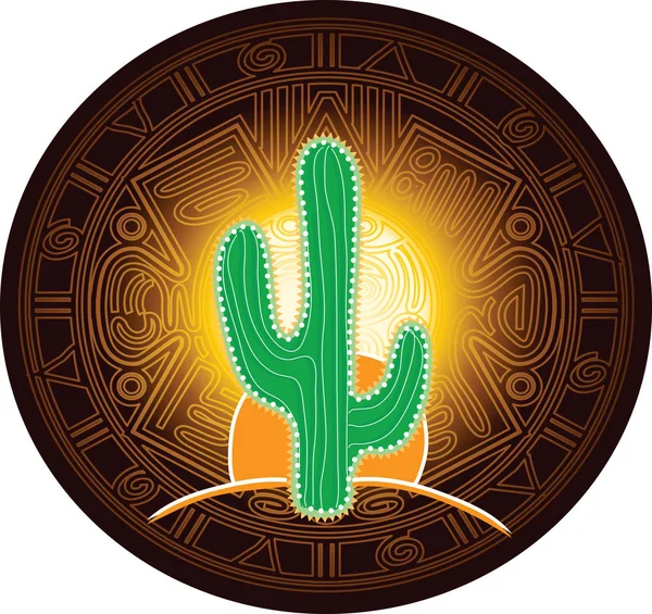 Cactus sobre fondo de imagen estilizada del antiguo calendario maya — Vector de stock