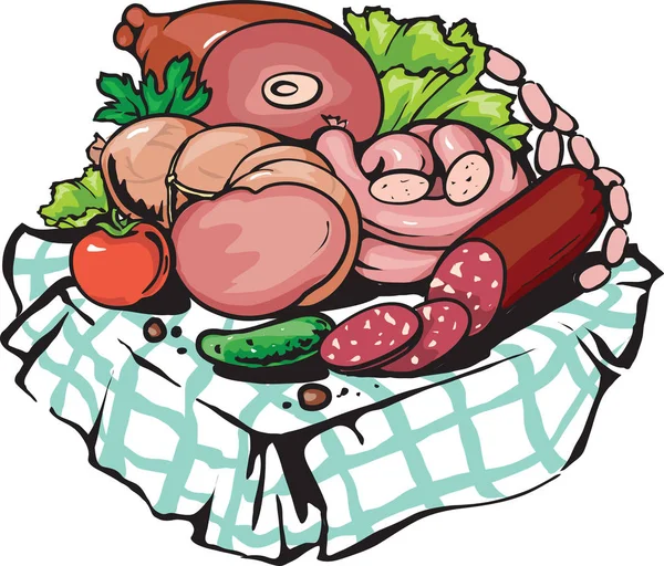 Vector gastronomiczne produkty mięsne, sklep mięsny w stylu kreskówek. — Wektor stockowy