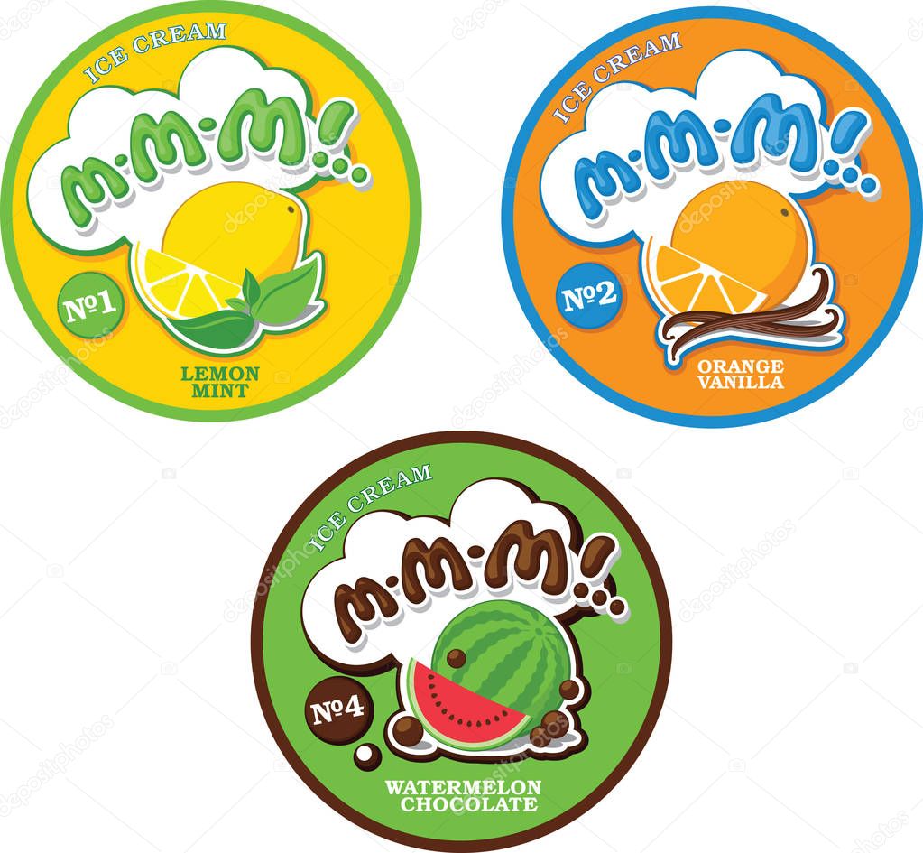 Round label or sticker for ice cream with fictitious name M-M-M!