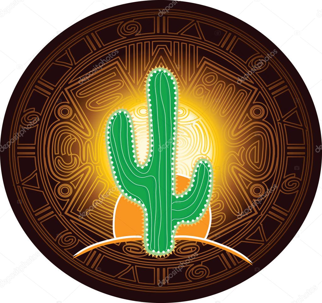 Green large Mexican cactus with sharp needles on background of stylized image of ancient Mayan calendar
